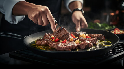 A close-up shot of a stylish man's hands skillfully seasoning a sizzling pan of steak, showcasing his culinary expertise Generative AI