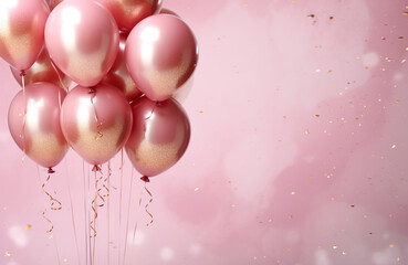 Shiny pink and golden glitter balloons on light pink soft pastel background. Card for christmas, wedding, birthday, woman's day, mothers day, valentine's day. Created with generative Ai