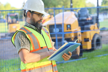 Obraz premium Outdoor builder portrait, construction man worker standing with blueprints
