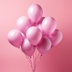 Shiny pink metallic balloons isolated on pink soft pastel background. Card for wedding, woman's day, mothers day, valentine's day. Festive pink background with copy space. Created with generative Ai