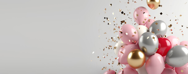 Shiny pink, white, silver and golden balloons on grey background. Card for christmas, wedding, birthday, woman's day, mothers day, valentine's day. Created with generative Ai