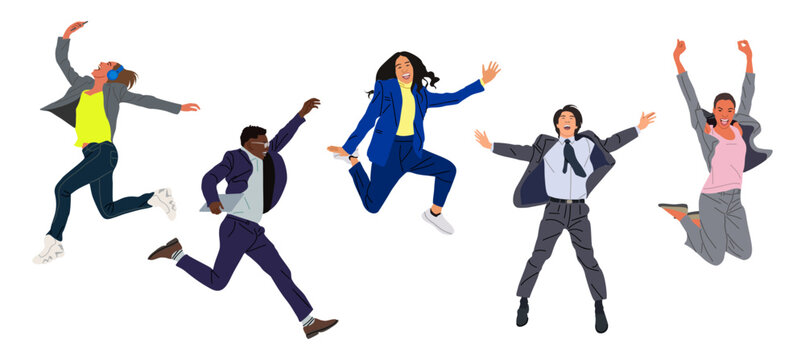 Set Of Different Business People Jumping For Joy, Celebrating Success. Cartoon Excited Female And Male Characters In Formal Office Suits. Vector Realistic Illustration Isolated, Transparent Background