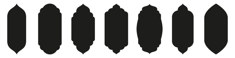 Shape Islamic door and window silhouette Arabic arch. Collection of patterns in oriental style. Frames in Arabic Muslim design for Ramadan Kareem. Vector mosque gate shape isolated