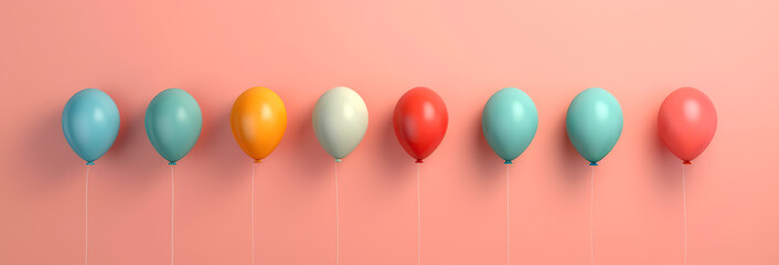 Set of colorful festive matte balloons on coral background. Decor for birthday, anniversary, celebration or other events. Children party decorations. Created with generative Ai