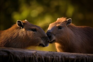 cute capybara couple snuggle up to each other with their noses on a blurry background. Wild animals. Environment. Family. 14th February. Saint Valentine's day. Protect animals