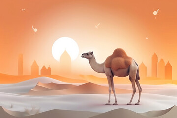 Eid al adha design template minimalist modern image with camel and mosque in background generative ai
