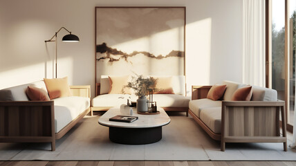 Stylish Living Room Interior with an Abstract Frame Poster, Modern interior design, 3D render, 3D illustration
