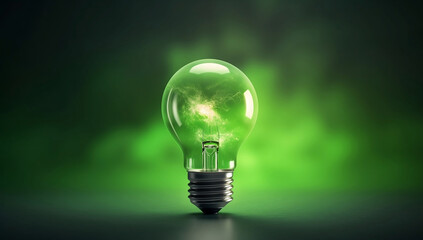 Glowing light bulb on green blur background and sunlight in nature. concept of energy saving light bulb background generative ai
