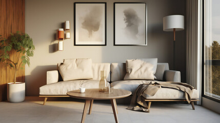 Fototapeta premium Stylish Living Room Interior with an Abstract Frame Poster, Modern interior design, 3D render, 3D illustration