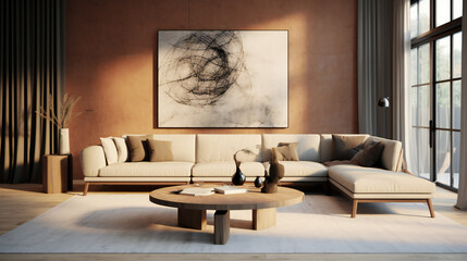 Stylish Living Room Interior with an Abstract Frame Poster, Modern interior design, 3D render, 3D illustration