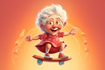Fototapeta premium A cute granny rides a skateboard acrobatically while smiling happily. (Illustration, Generative AI)