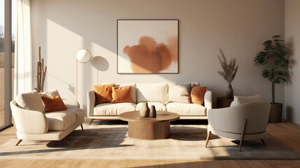 Stylish Living Room Interior with an Abstract Frame Poster, Modern interior design, 3D render, 3D illustration