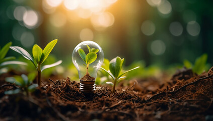 Growing plant in edison light bulb concept background, Environmental protection, renewable, sustainable energy sources. green energy background generative ai