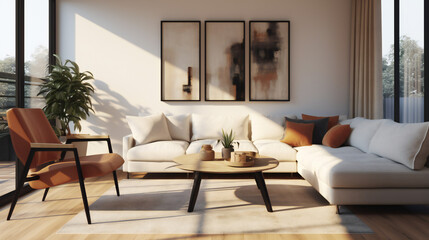 Stylish Living Room Interior with an Abstract Frame Poster, Modern interior design, 3D render, 3D illustration