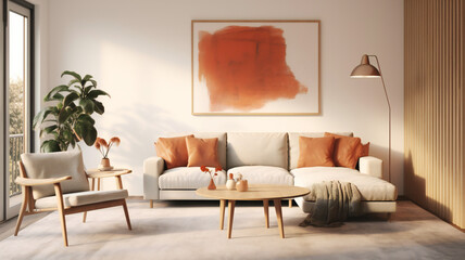 Stylish Living Room Interior with an Abstract Frame Poster, Modern interior design, 3D render, 3D illustration