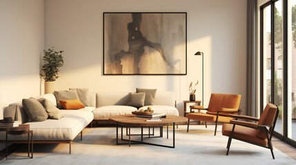 Stylish Living Room Interior with an Abstract Frame Poster, Modern interior design, 3D render, 3D illustration