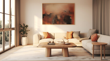 Stylish Living Room Interior with an Abstract Frame Poster, Modern interior design, 3D render, 3D illustration
