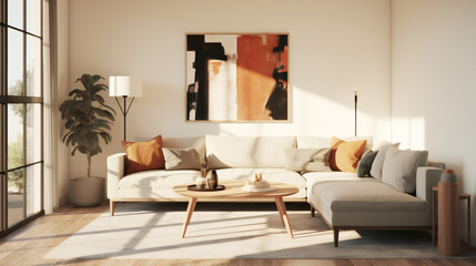 Stylish Living Room Interior with an Abstract Frame Poster, Modern interior design, 3D render, 3D illustration