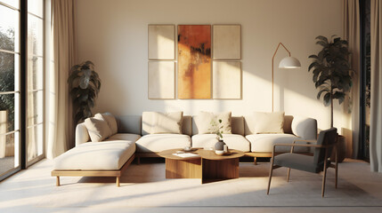 Stylish Living Room Interior with an Abstract Frame Poster, Modern interior design, 3D render, 3D illustration