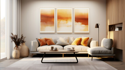 Stylish Living Room Interior with an Abstract Frame Poster, Modern interior design, 3D render, 3D illustration