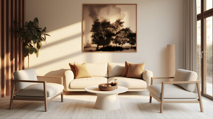 Stylish Living Room Interior with an Abstract Frame Poster, Modern interior design, 3D render, 3D illustration