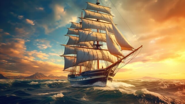 Beautiful Old-Time Sailing Ship in Aggressive Digital Illustration