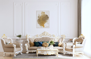 Mockup poster frame on the wall of classic living room. Luxurious apartment background with contemporary design. Modern interior design. 3D render, 3D illustration.