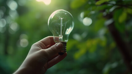 Hand holding light bulb with tree in light bulb on green background Demonstrates energy savings. Generative Ai
