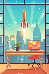 A laptop screen depicts a rocket launching, symbolizing successful startup. (Illustration, Generative AI)