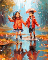 Obraz na płótnie Canvas Kids jump happily in colorful raincoats. (Illustration, Generative AI)