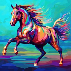 A vividly colored stallion on a contrasted abstract wallpaper. (Illustration, Generative AI)