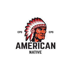 American native chief head logo symbol, Red-indian warrior face, vector illustration template