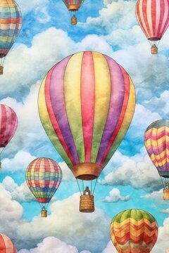 Hot air balloons in colorful watercolor. (Illustration, Generative AI)