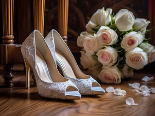woman bride white high heels shoes and roses bouquet on wooden floor