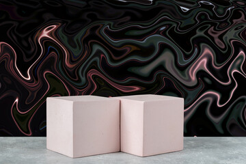 Cosmetic black abstract background with geometric shapes. Two cement cubic podiums. Mockup for the demonstration of cosmetic products