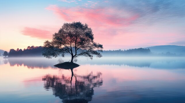 A serene and peaceful scene of a calm lake at sunrise, with mist rising from the water's surface. Generative AI.