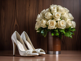woman bride white high heels shoes and roses bouquet on wooden floor
