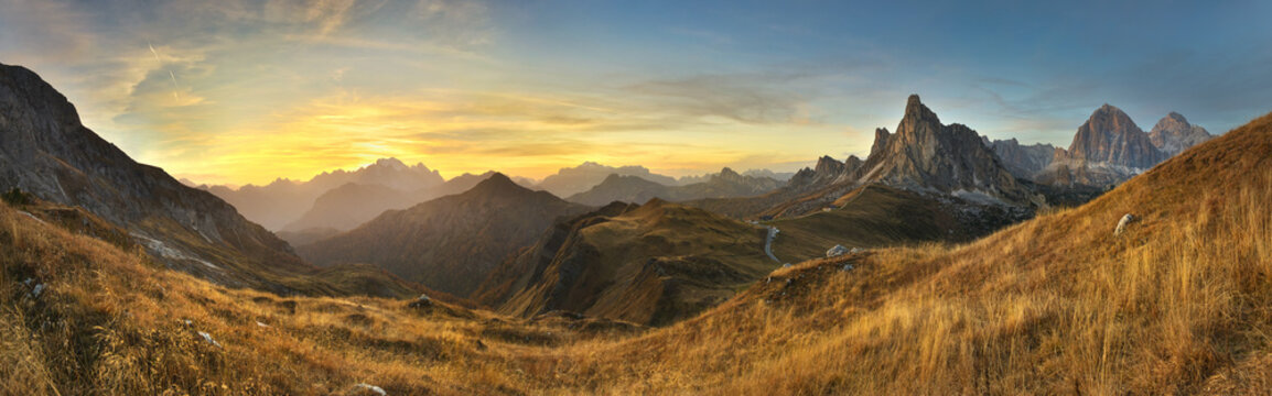 View of the Giau Pass after the sunset in the Dolomites, the province of Belluno, Italy.	