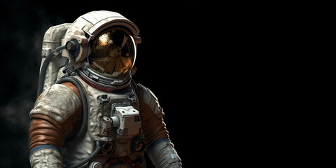 Fototapeta premium Cosmonaut or astronaut in a spacesuit, close-up and on an isolated black background. Generative AI