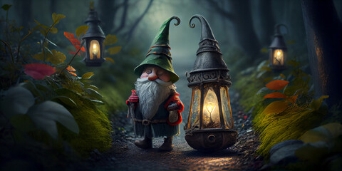 Fairytale gnome and vintage glowing lantern. Generative AI