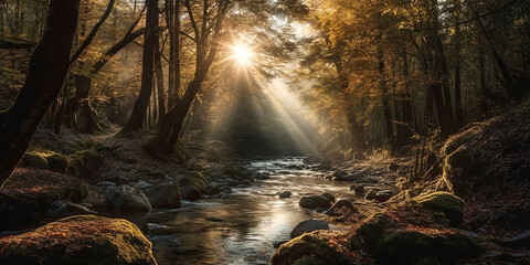 Forest stream and the rays of the sun illuminating the forest space through a light fog. Generative AI