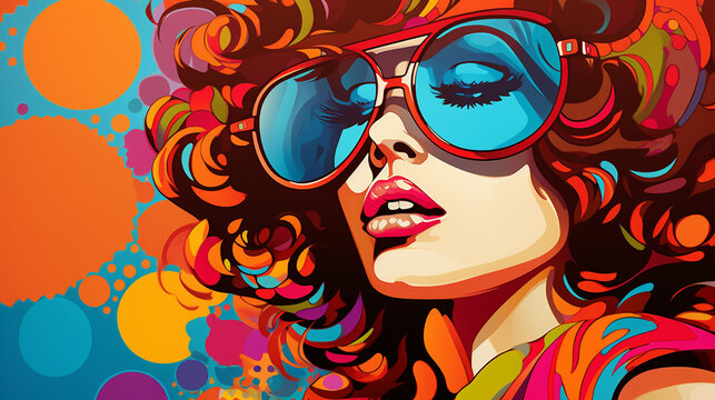Glamorous disco diva portrait Pop art retro vector illustration. beautiful sexy young woman,  Created using generative AI tools