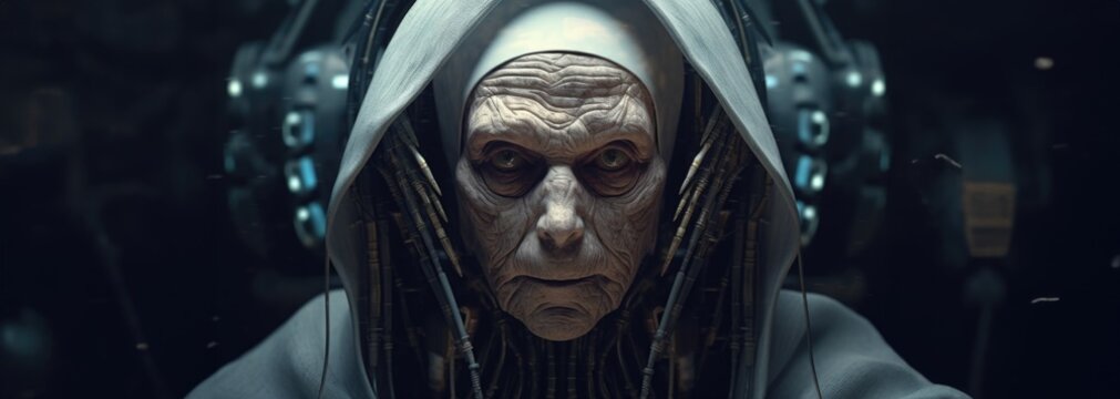Cyborg Ethics: Grotesque Portrait of an Elderly Lady with a Mask