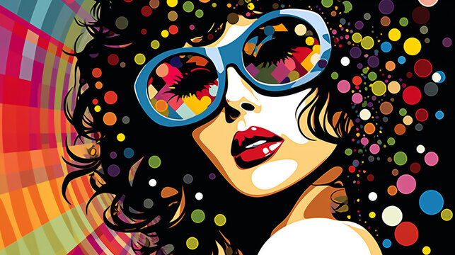 Glamorous disco diva portrait Pop art retro vector illustration. beautiful sexy young woman,  Created using generative AI tools