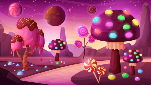 Candy fantasy planet vector illustration. Cartoon magic neon background, cosmic landscape for computer game with fairy tale ice cream and lollipop plants, biscuit mushrooms with sweets and chocolate
