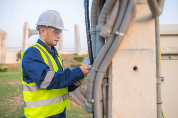 Telecommunication engineers work at cell towers for 5G cell phone signals,Network tower maintenance...
