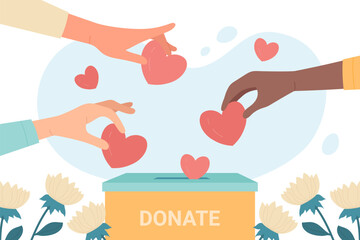 Hands of people donate. Volunteers give hearts to donation box flat vector illustration. Hope, solidarity, aid for refugees concept - obrazy, fototapety, plakaty