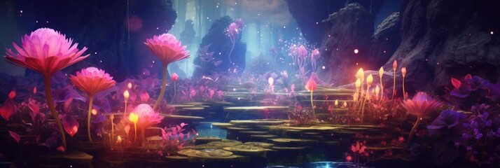 Naklejka na ściany i meble Colorful Neon Light Tropical Jungle Plants in a Dreamlike Fantasy World