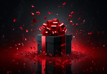 Black gift box with red bow on christmas background. Gift box with decorations red confetti on Christmas Golden light shine with red and gold particle. Black friday concept, copy space. Generative AI