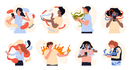 Doomscrolling set vector illustration. Cartoon isolated sad male and female characters scrolling bad news in social media feed, man and woman in panic and fear reading lot of negative news online